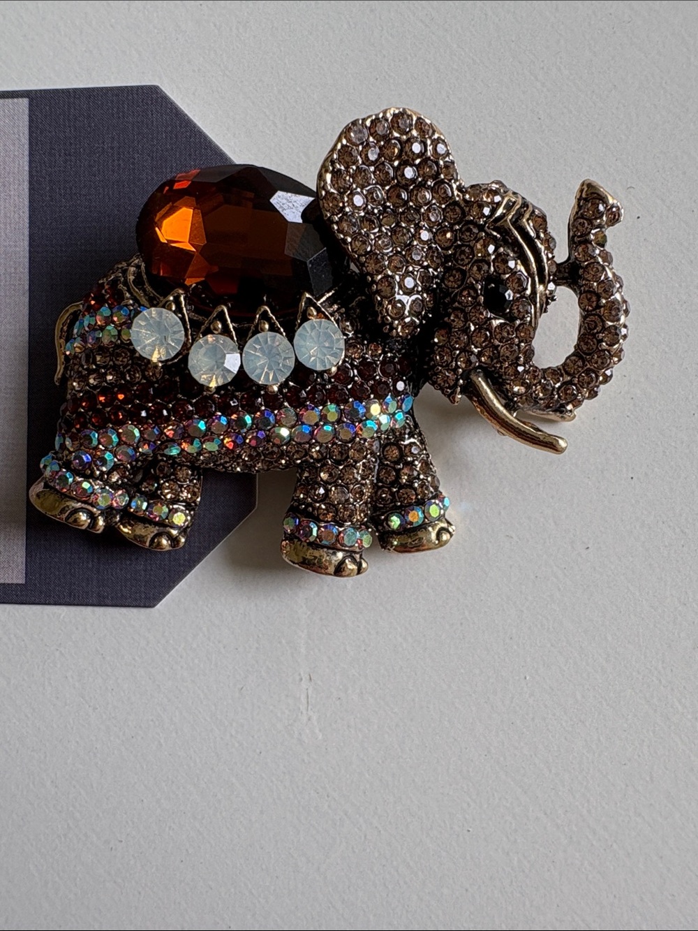Crystal Elephant Brooch with Amber Gemstone